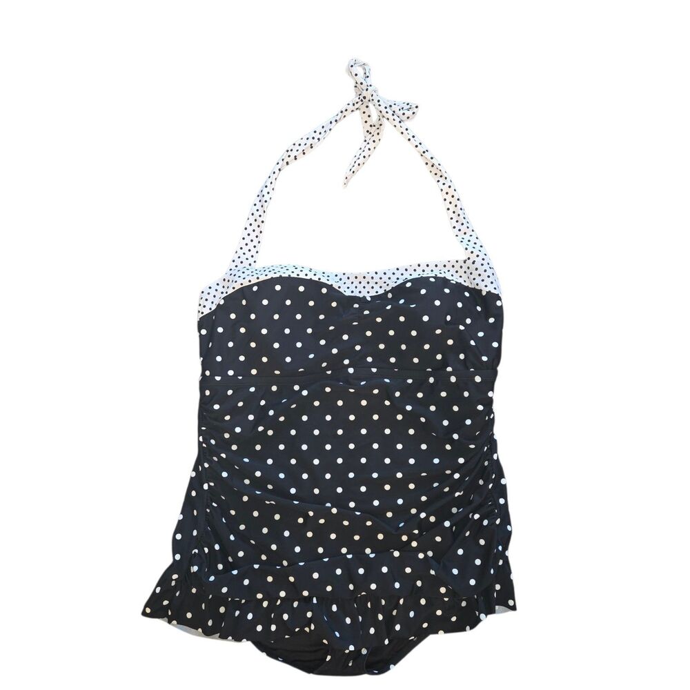 Isaac Mizrahi Live! 24W Halter-Neck Polka Dot Swim Dress Black Retro Pinup Plus